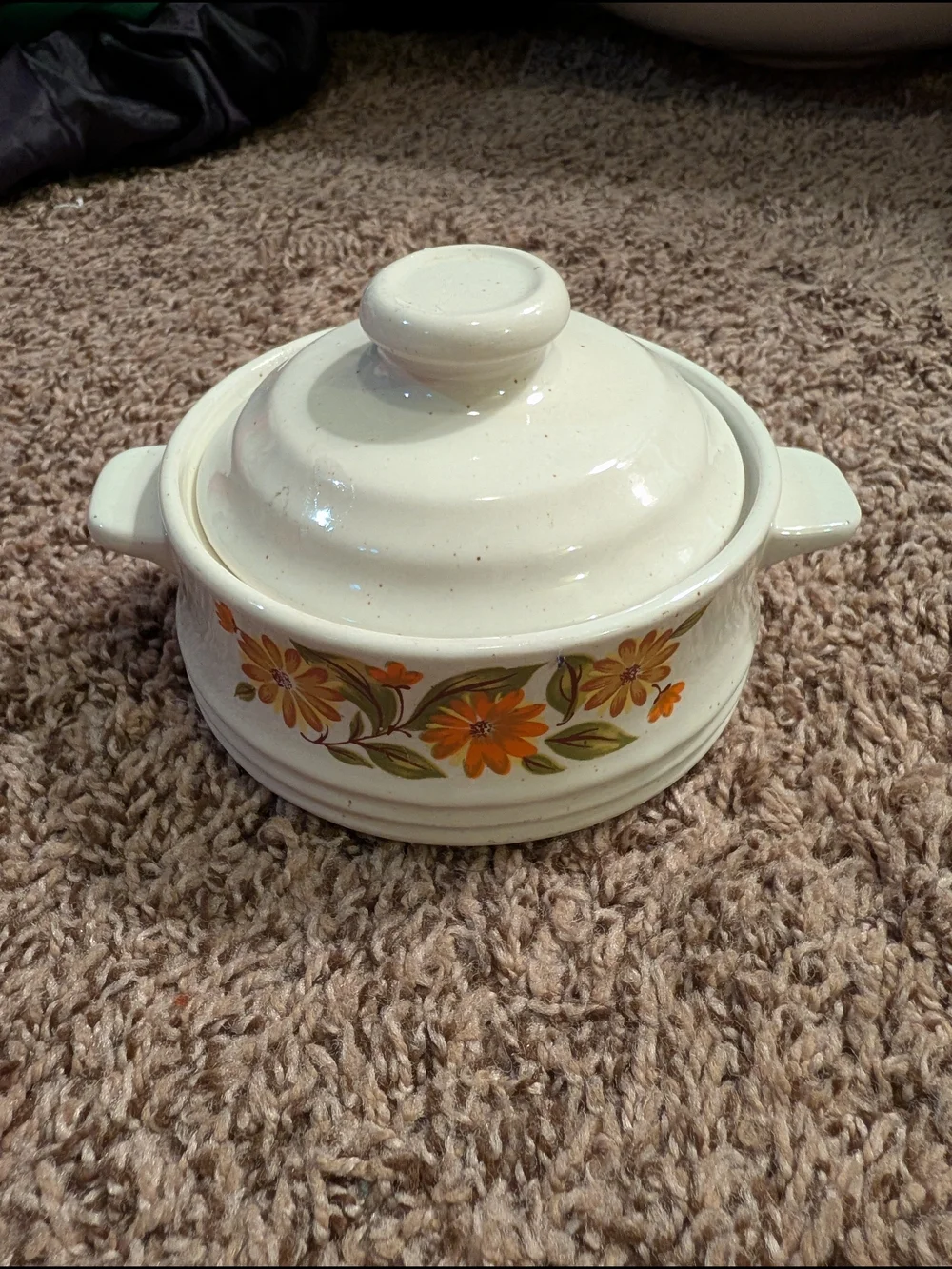 Cream Ceramic Covered Casserole with Orange Floral Pattern